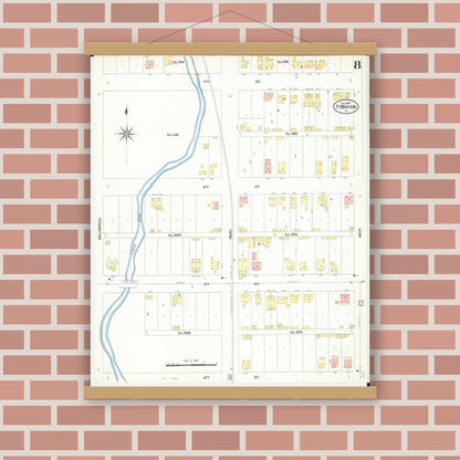 Old map wall art mockup — magnetic wood frame on brick wall — Sanborn Fire Insurance Map from Fort Madison, Lee County, Iowa (1907), Sheet #0008