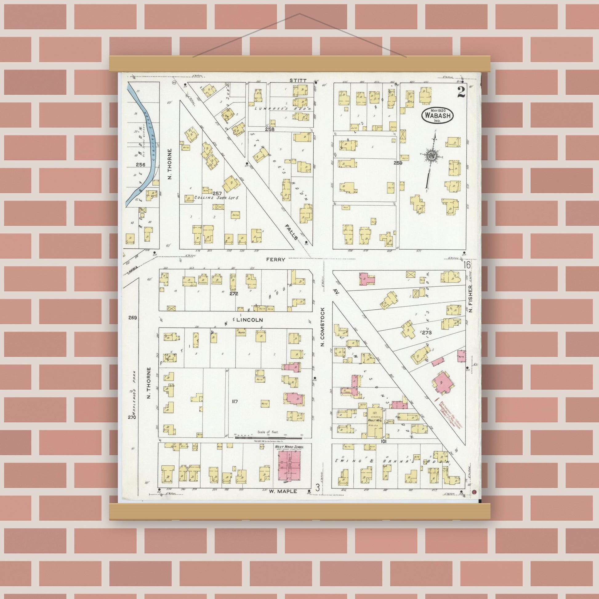 Old map wall art mockup — magnetic wood frame on brick wall — Sanborn Fire Insurance Map from Wabash, Wabash County, Indiana (1920), Sheet #0002