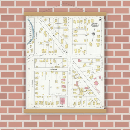 Old map wall art mockup — magnetic wood frame on brick wall — Sanborn Fire Insurance Map from Wabash, Wabash County, Indiana (1920), Sheet #0002