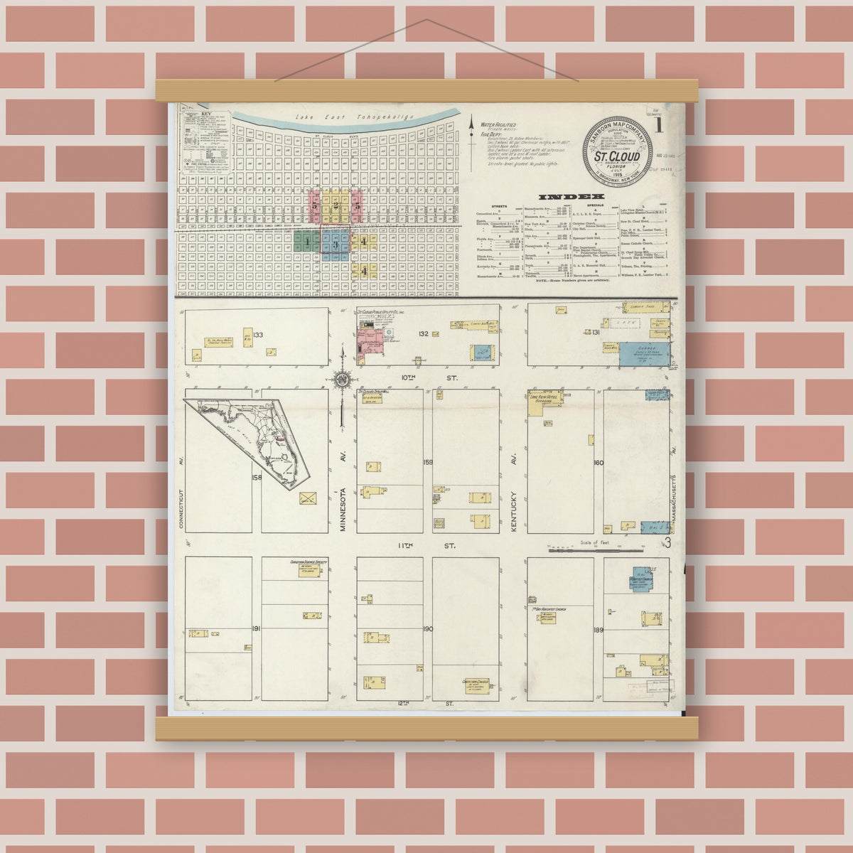 Old map wall art mockup — magnetic wood frame on brick wall — Sanborn Fire Insurance Map from Saint Cloud, Osceola County, Florida (1915), Sheet #0001
