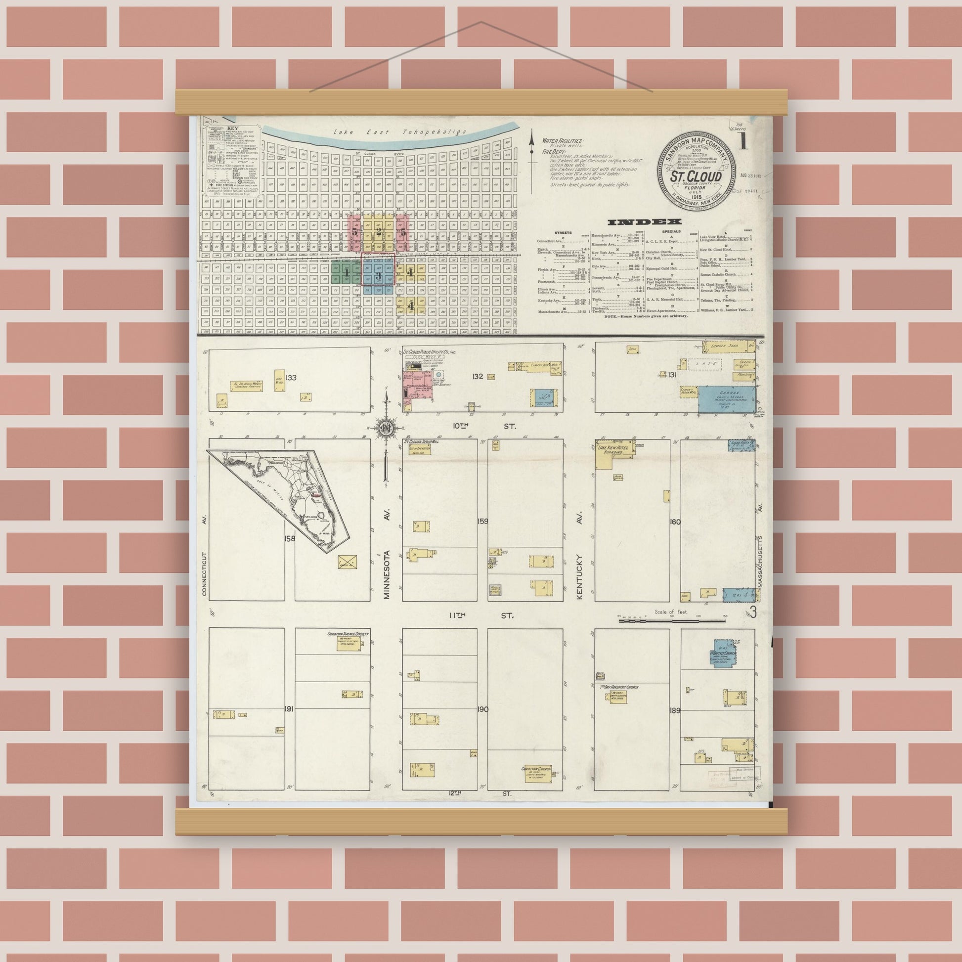 Old map wall art mockup — magnetic wood frame on brick wall — Sanborn Fire Insurance Map from Saint Cloud, Osceola County, Florida (1915), Sheet #0001