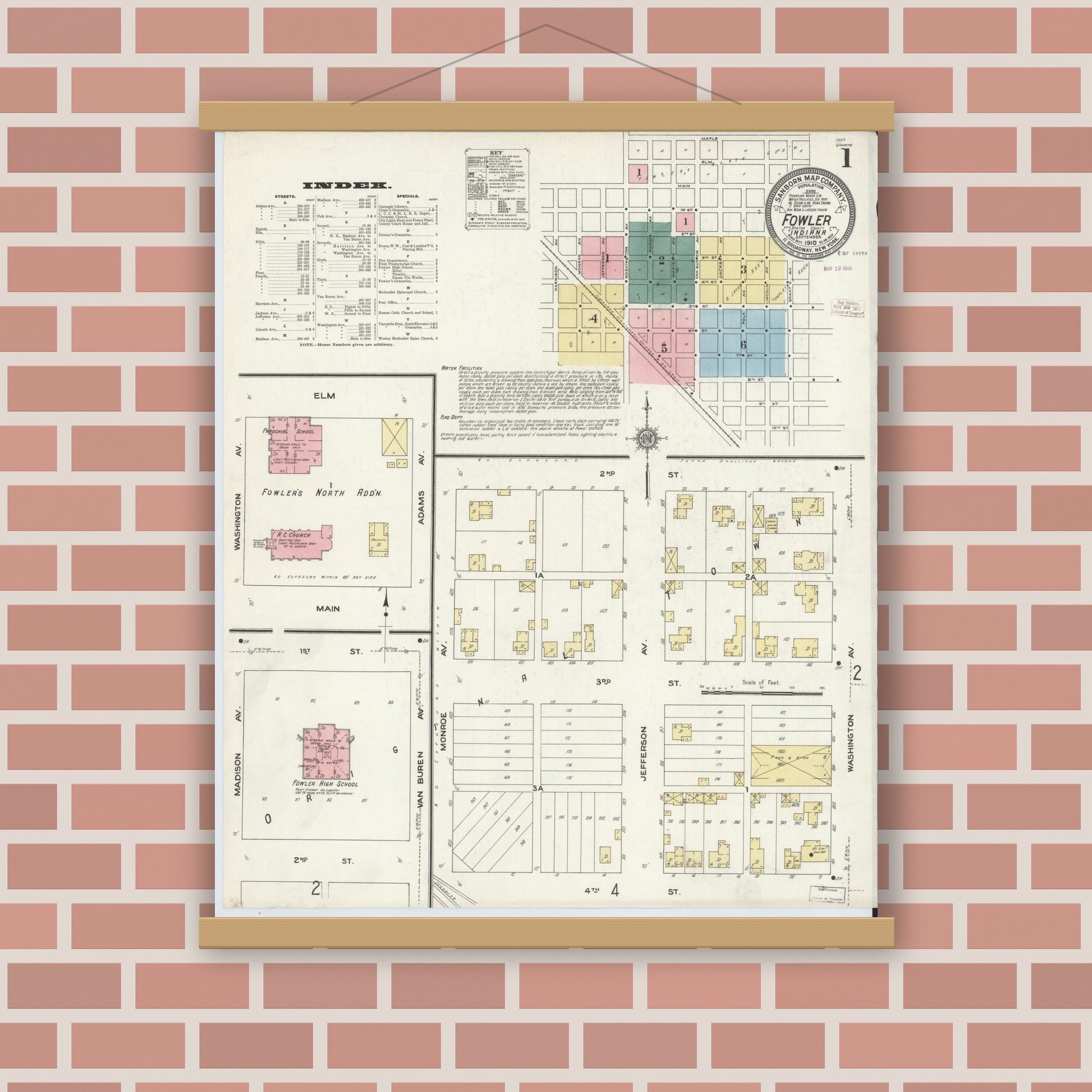 Old map wall art mockup — magnetic wood frame on brick wall — Sanborn Fire Insurance Map from Fowler, Benton County, Indiana (1910) - Complete Map Set