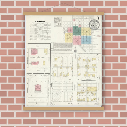 Old map wall art mockup — magnetic wood frame on brick wall — Sanborn Fire Insurance Map from Fowler, Benton County, Indiana (1910) - Complete Map Set