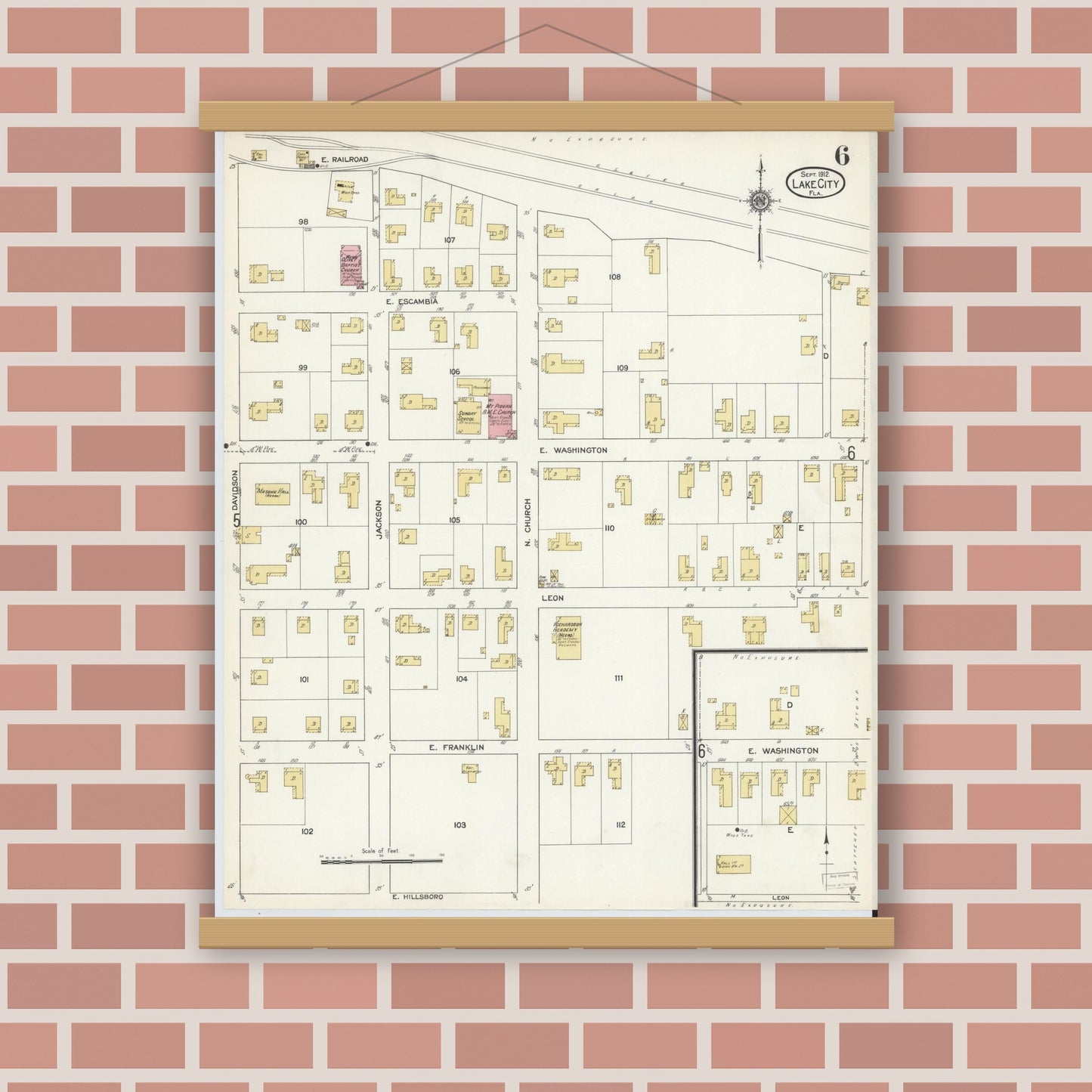 Old map wall art mockup — magnetic wood frame on brick wall — Sanborn Fire Insurance Map from Lake City, Columbia County, Florida (1912), Sheet #0006