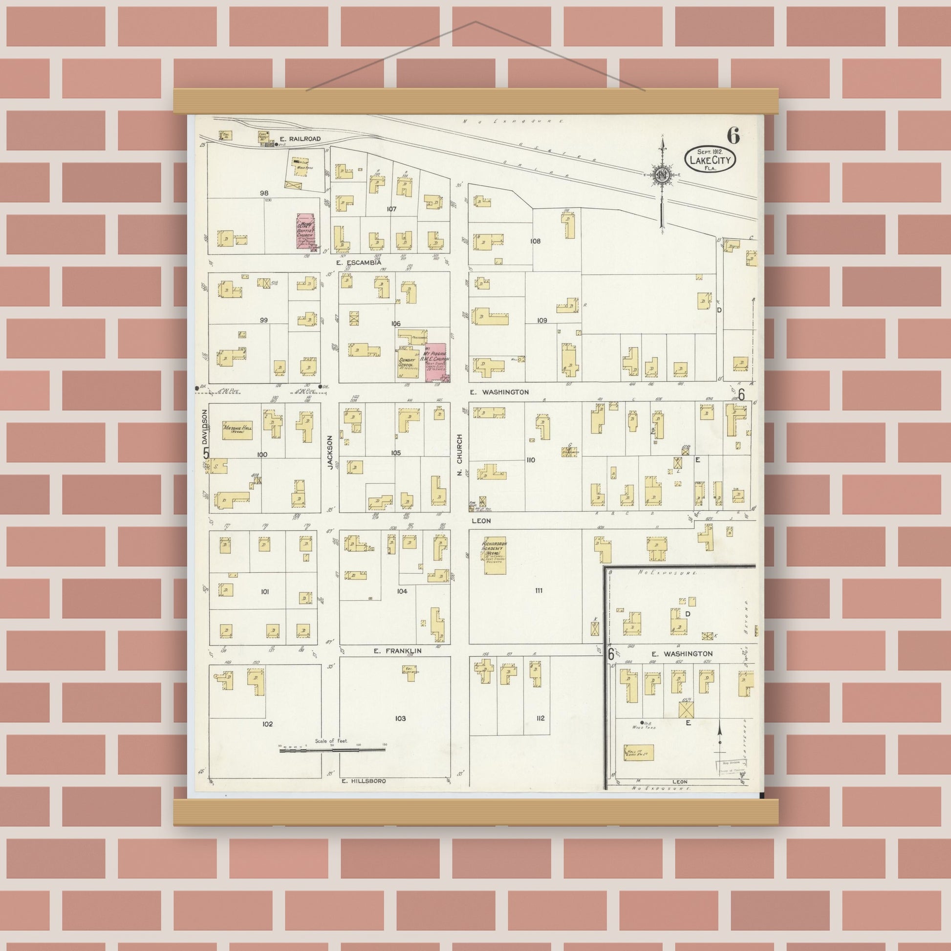 Old map wall art mockup — magnetic wood frame on brick wall — Sanborn Fire Insurance Map from Lake City, Columbia County, Florida (1912), Sheet #0006