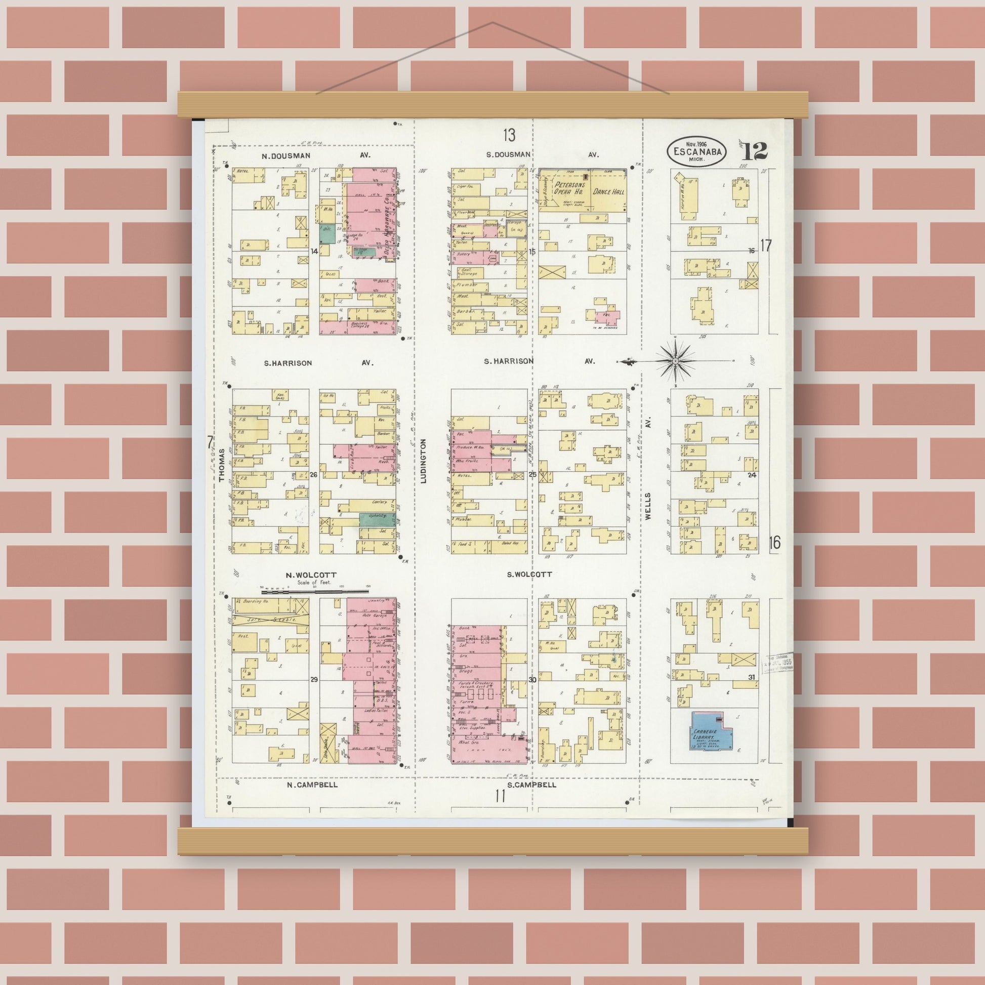 Old map wall art mockup — magnetic wood frame on brick wall — Sanborn Fire Insurance Map from Escanaba, Delta County, Michigan (1906), Sheet #0012