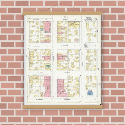 Old map wall art mockup — magnetic wood frame on brick wall — Sanborn Fire Insurance Map from Escanaba, Delta County, Michigan (1906), Sheet #0012