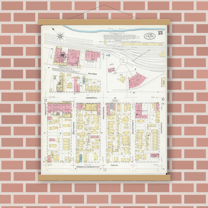 Old map wall art mockup — magnetic wood frame on brick wall — Sanborn Fire Insurance Map from Cairo, Alexander County, Illinois (1907), Sheet #0013