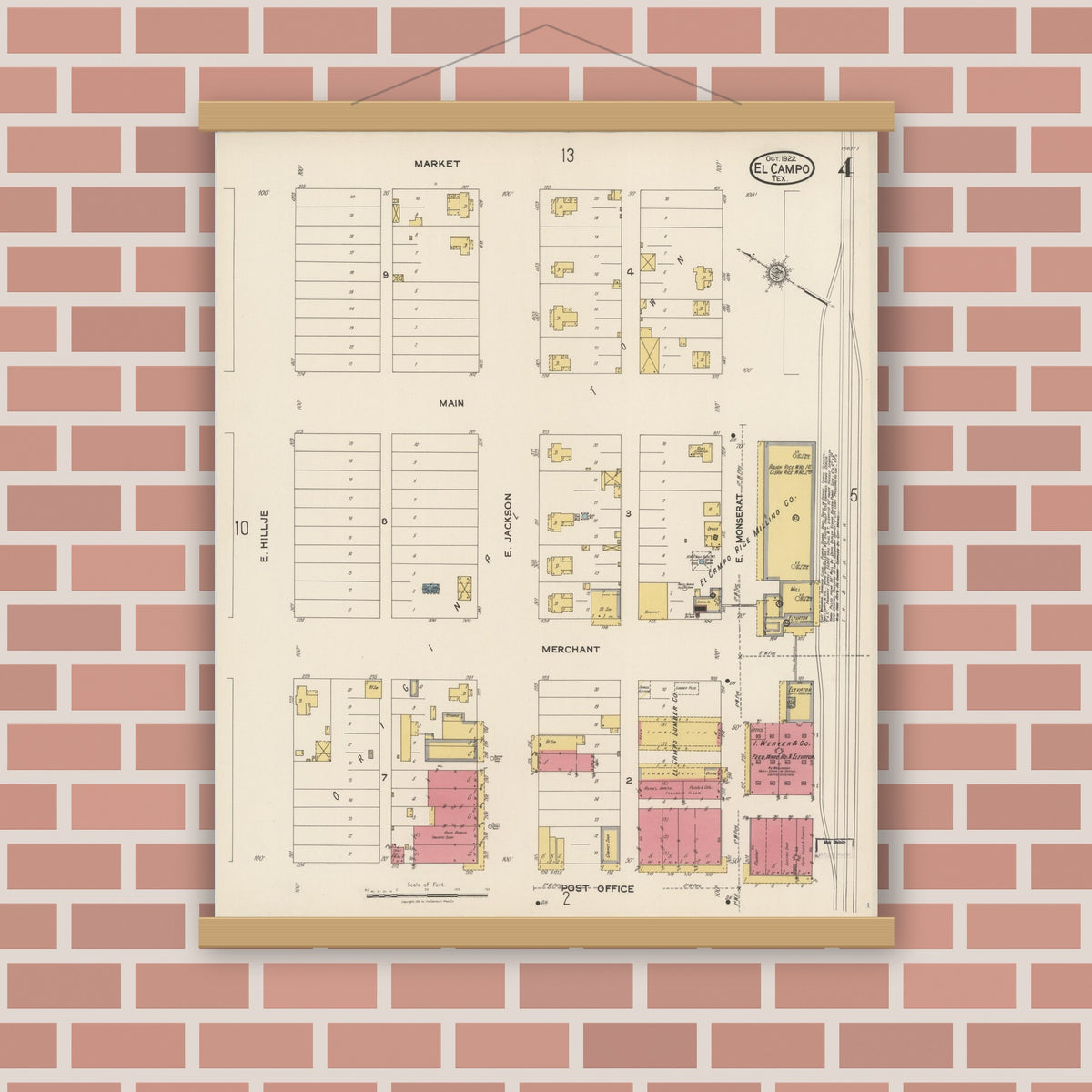 Old map wall art mockup — magnetic wood frame on brick wall — Sanborn Fire Insurance Map from El Campo, Wharton County, Texas (1922), Sheet #0004