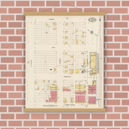 Old map wall art mockup — magnetic wood frame on brick wall — Sanborn Fire Insurance Map from El Campo, Wharton County, Texas (1922), Sheet #0004