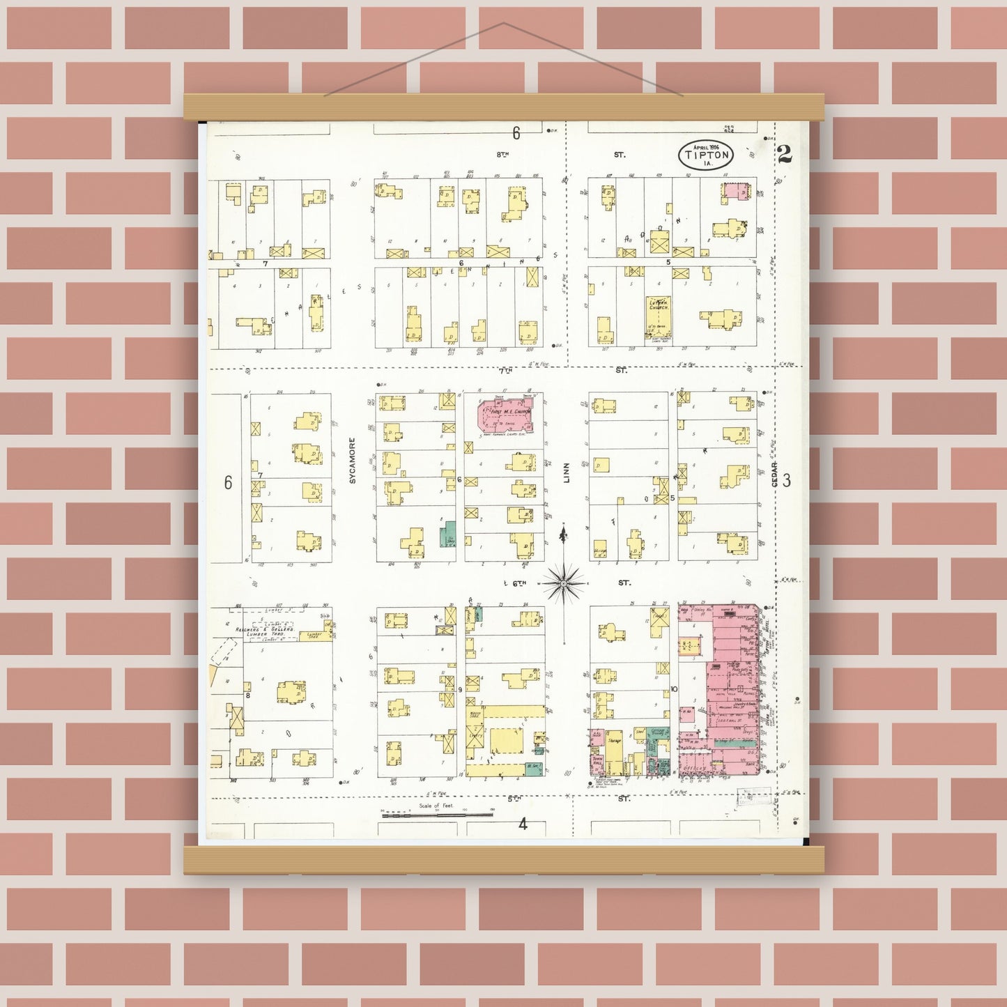 Old map wall art mockup — magnetic wood frame on brick wall — Sanborn Fire Insurance Map from Tipton, Cedar County, Iowa (1906), Sheet #0002