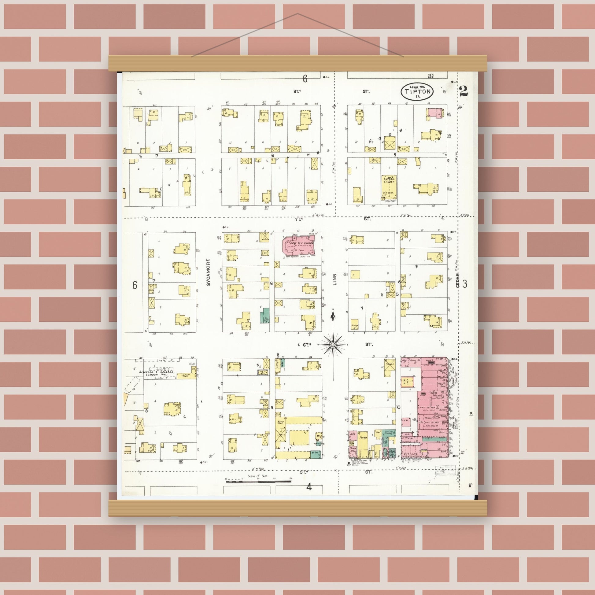 Old map wall art mockup — magnetic wood frame on brick wall — Sanborn Fire Insurance Map from Tipton, Cedar County, Iowa (1906), Sheet #0002