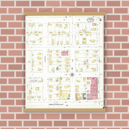 Old map wall art mockup — magnetic wood frame on brick wall — Sanborn Fire Insurance Map from Tipton, Cedar County, Iowa (1906), Sheet #0002