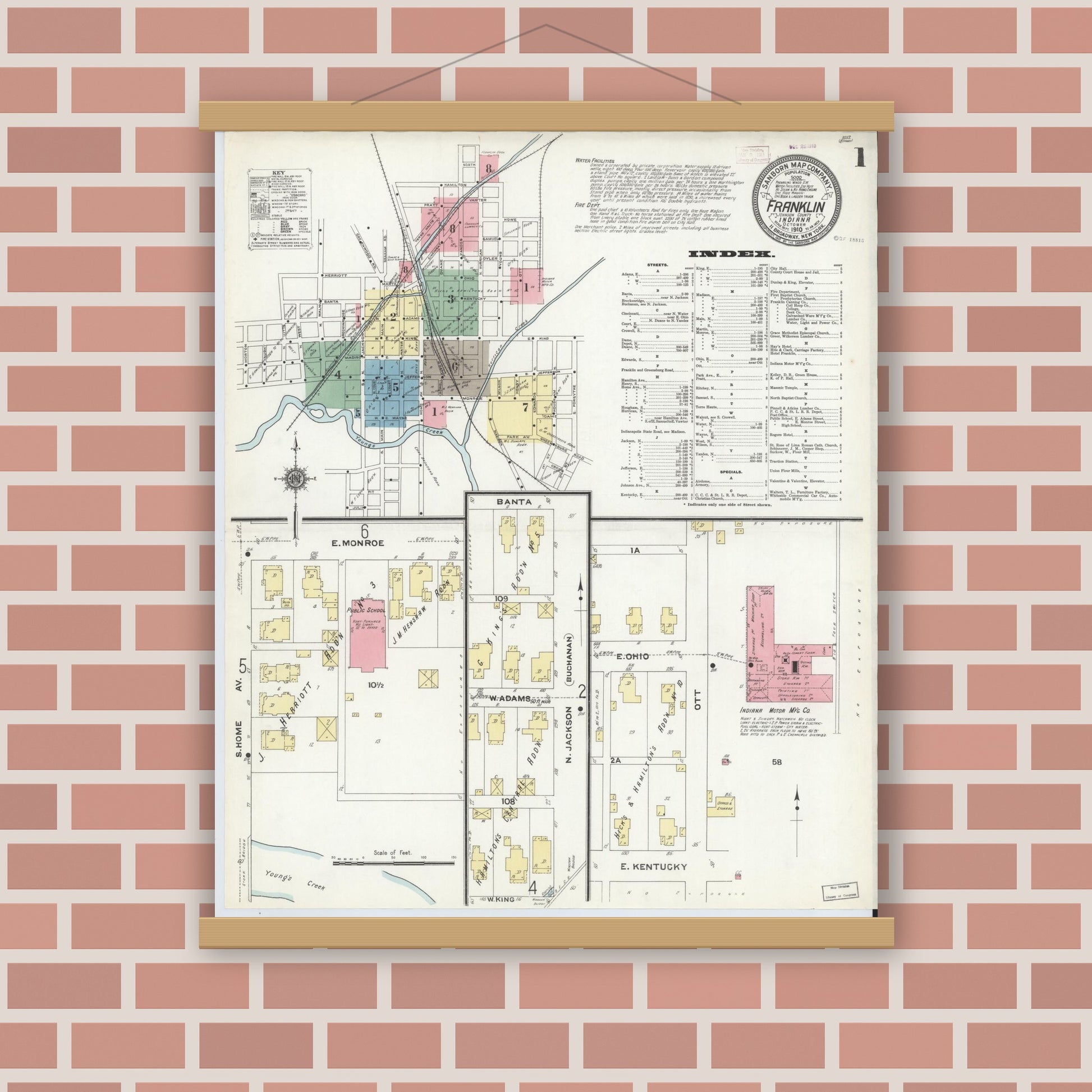 Old map wall art mockup — magnetic wood frame on brick wall — Sanborn Fire Insurance Map from Franklin, Johnson County, Indiana (1910) - Complete Map Set