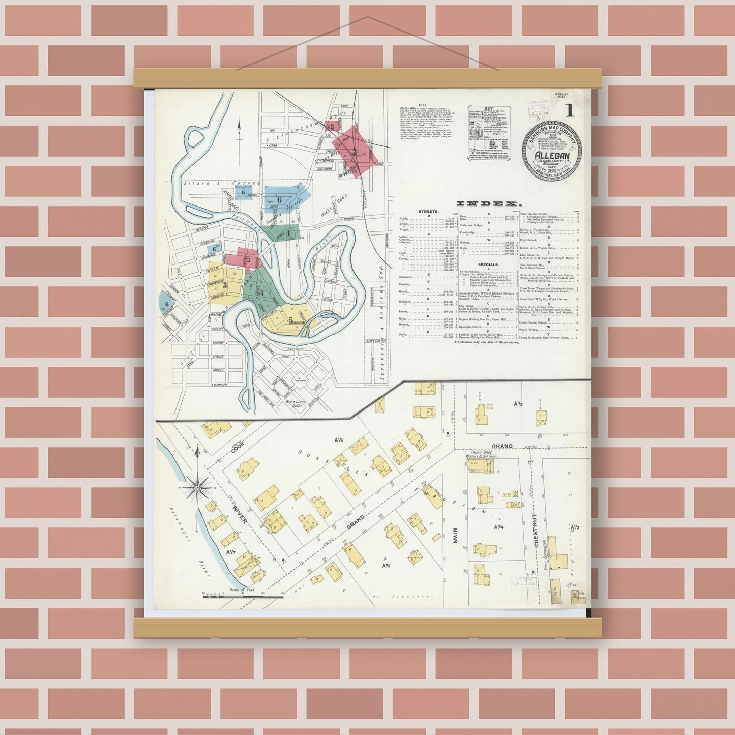 Old map wall art mockup — magnetic wood frame on brick wall — Sanborn Fire Insurance Map from Allegan, Allegan County, Michigan (1906), Sheet #0001
