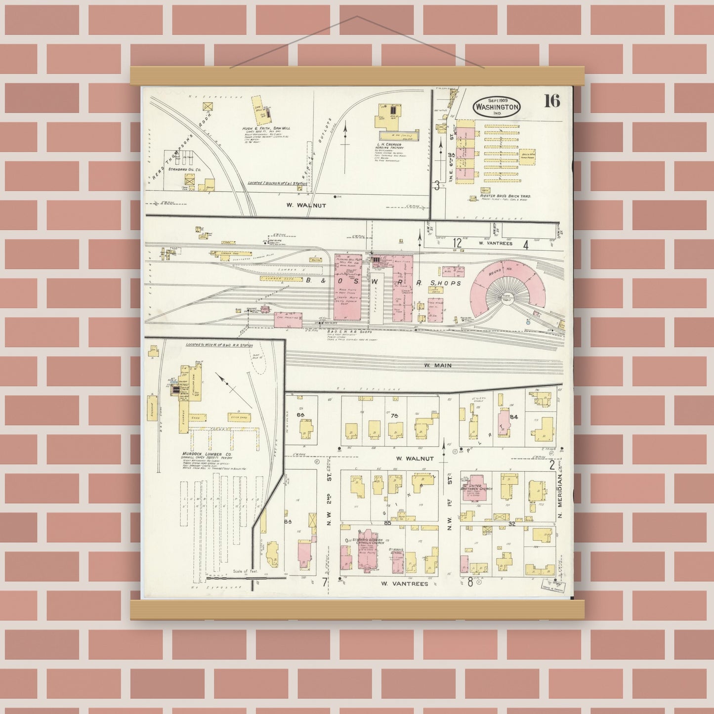 Old map wall art mockup — magnetic wood frame on brick wall — Sanborn Fire Insurance Map from Washington, Daviess County, Indiana (1909), Sheet #0016