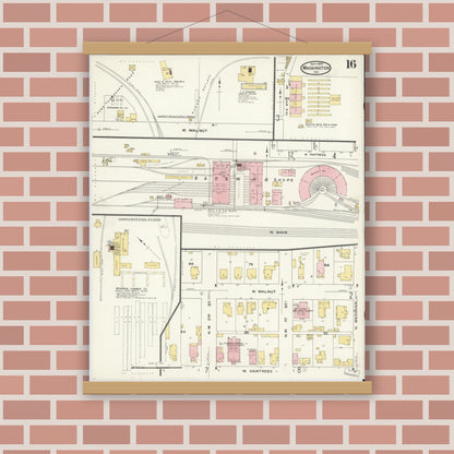 Old map wall art mockup — magnetic wood frame on brick wall — Sanborn Fire Insurance Map from Washington, Daviess County, Indiana (1909), Sheet #0016