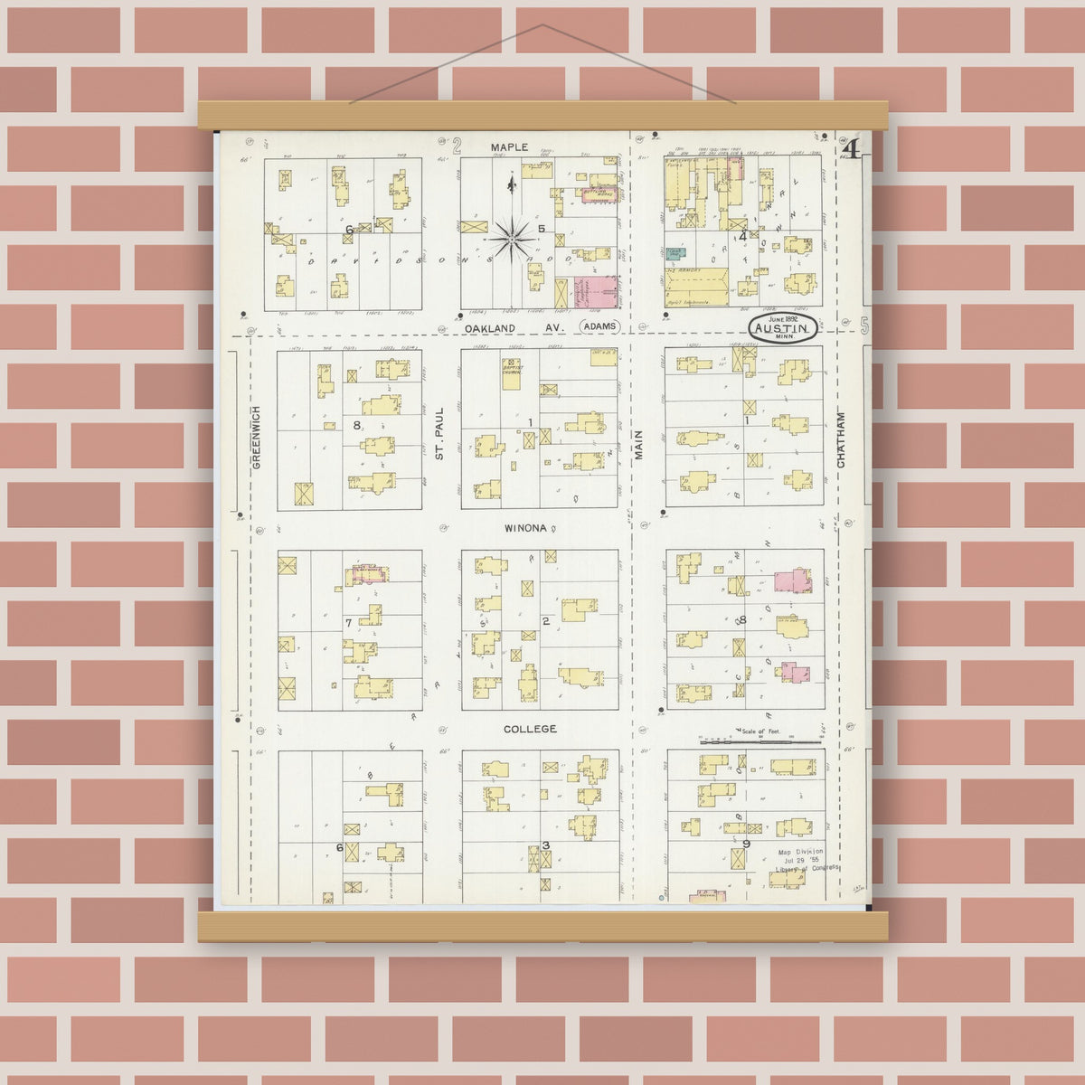 Old map wall art mockup — magnetic wood frame on brick wall — Sanborn Fire Insurance Map from Austin, Mower County, Minnesota (1892), Sheet #0004