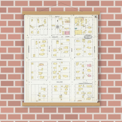 Old map wall art mockup — magnetic wood frame on brick wall — Sanborn Fire Insurance Map from Austin, Mower County, Minnesota (1892), Sheet #0004