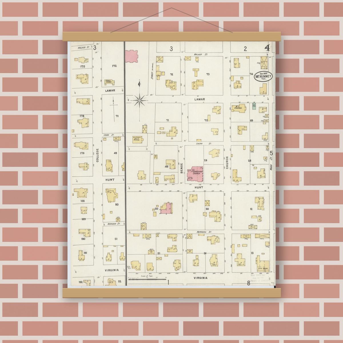 Old map wall art mockup — magnetic wood frame on brick wall — Sanborn Fire Insurance Map from McKinney, Collin County, Texas (1897), Sheet #0004