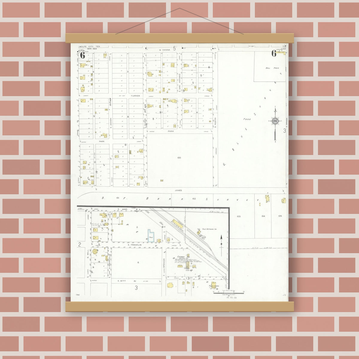 Old map wall art mockup — magnetic wood frame on brick wall — Sanborn Fire Insurance Map from Wolfe City, Hunt County, Texas (1934), Sheet #0006