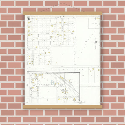 Old map wall art mockup — magnetic wood frame on brick wall — Sanborn Fire Insurance Map from Wolfe City, Hunt County, Texas (1934), Sheet #0006