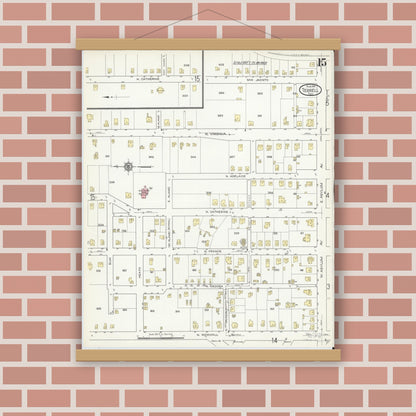 Old map wall art mockup — magnetic wood frame on brick wall — Sanborn Fire Insurance Map from Terrell, Kaufman County, Texas (1914), Sheet #0015