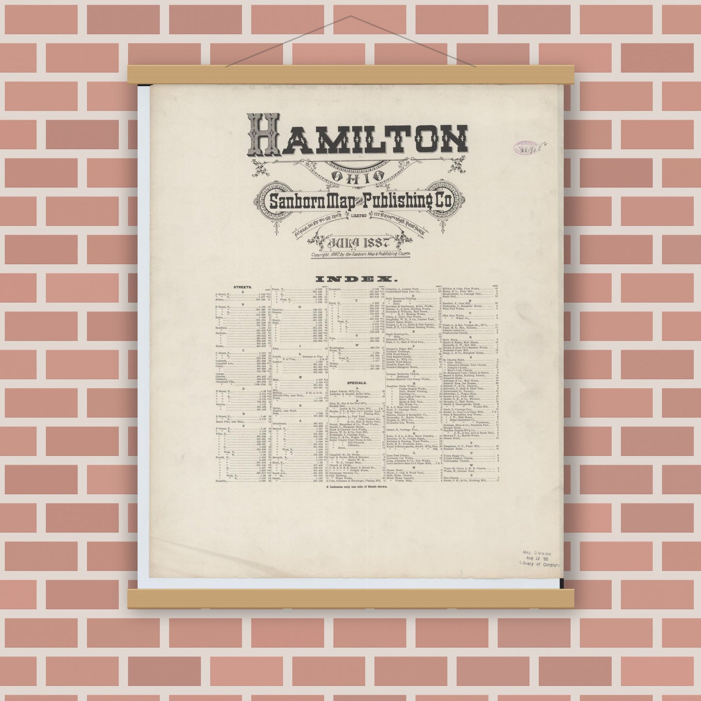 Old map wall art mockup — magnetic wood frame on brick wall — Sanborn Fire Insurance Map from Hamilton, Butler County, Ohio (1887), Sheet #0001