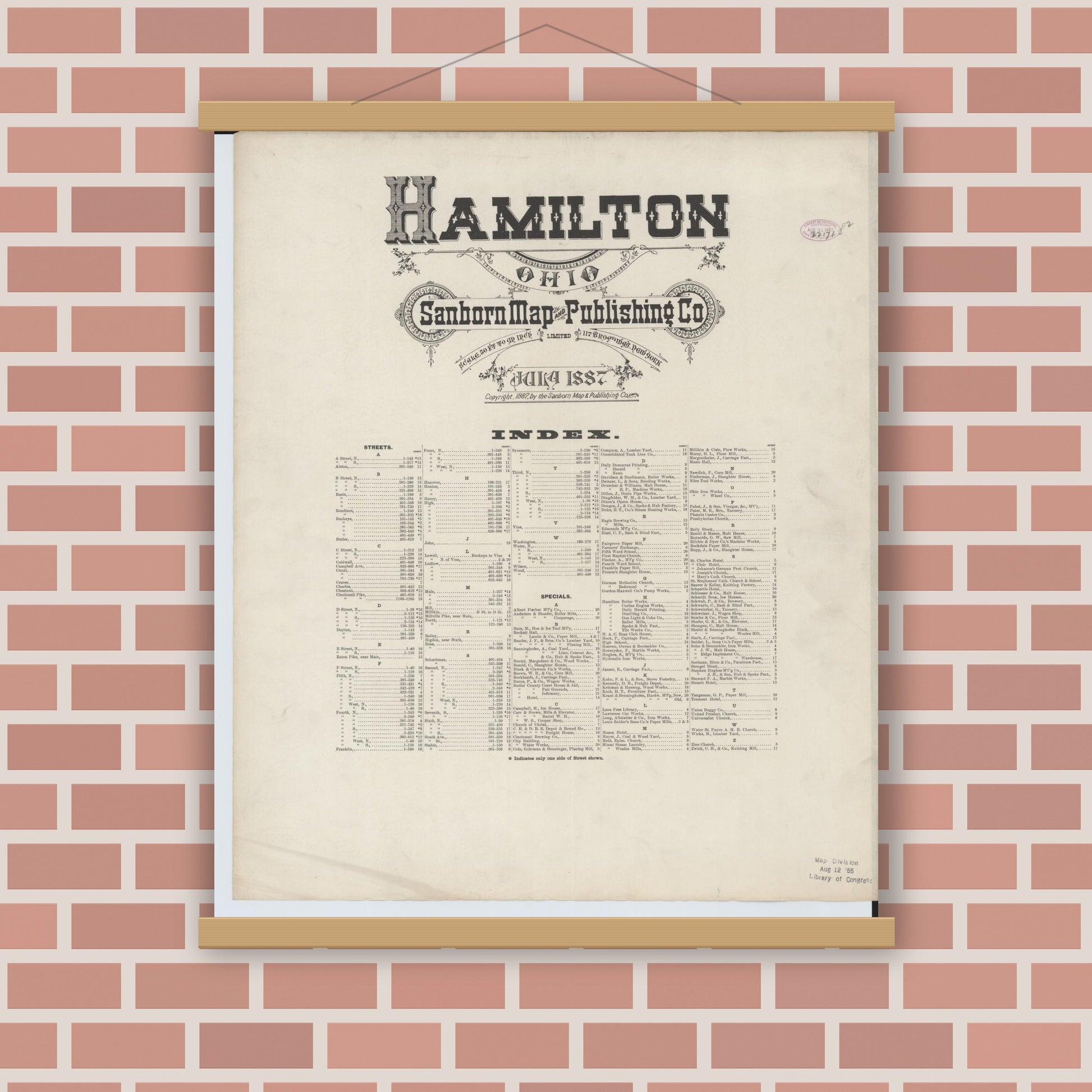 Old map wall art mockup — magnetic wood frame on brick wall — Sanborn Fire Insurance Map from Hamilton, Butler County, Ohio (1887), Sheet #0001