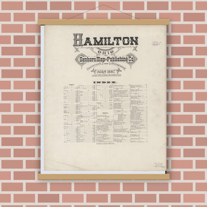 Old map wall art mockup — magnetic wood frame on brick wall — Sanborn Fire Insurance Map from Hamilton, Butler County, Ohio (1887), Sheet #0001