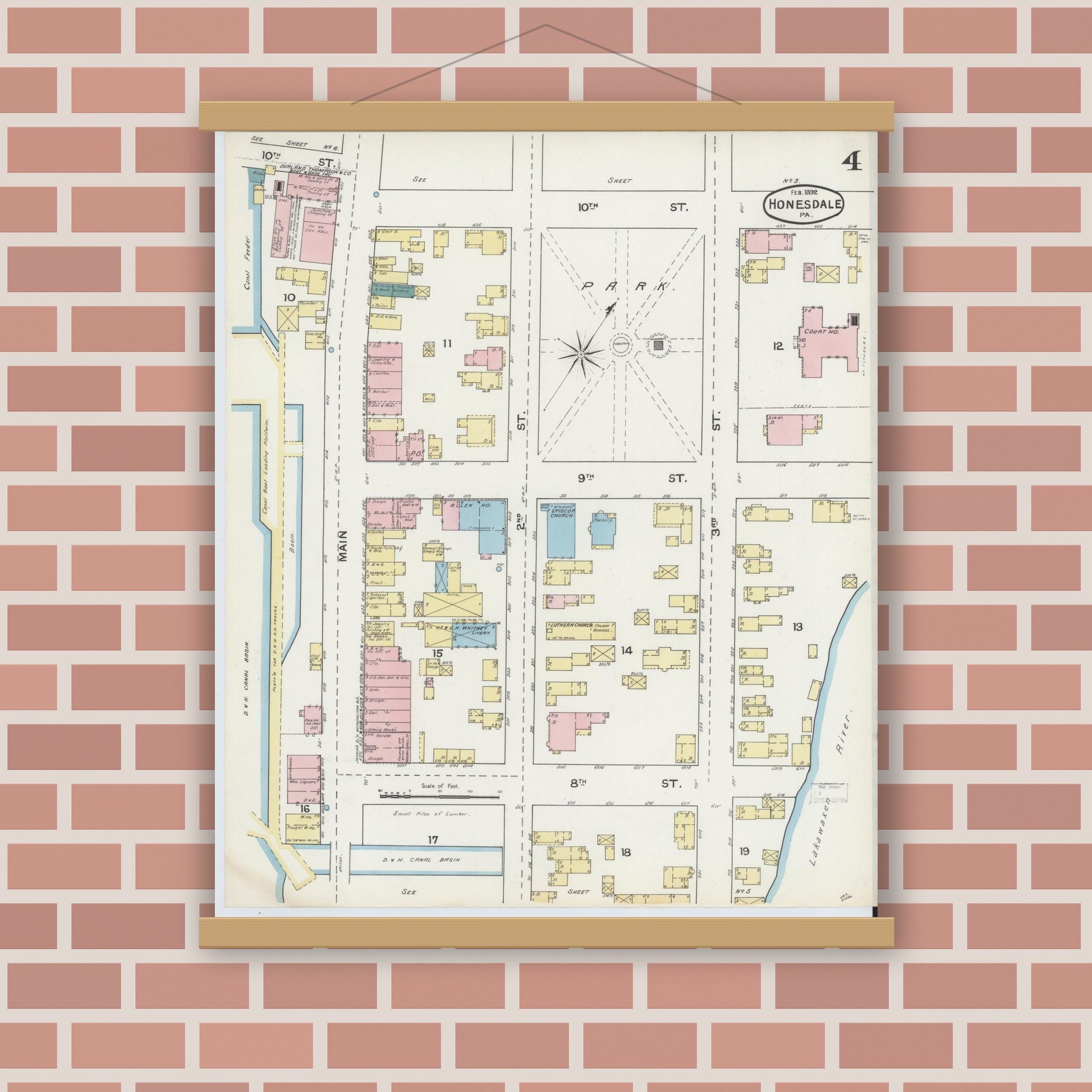 Old map wall art mockup — magnetic wood frame on brick wall — Sanborn Fire Insurance Map from Honesdale, Wayne County, Pennsylvania (1892), Sheet #0004