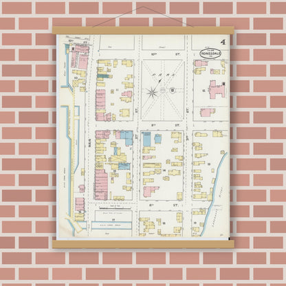 Old map wall art mockup — magnetic wood frame on brick wall — Sanborn Fire Insurance Map from Honesdale, Wayne County, Pennsylvania (1892), Sheet #0004