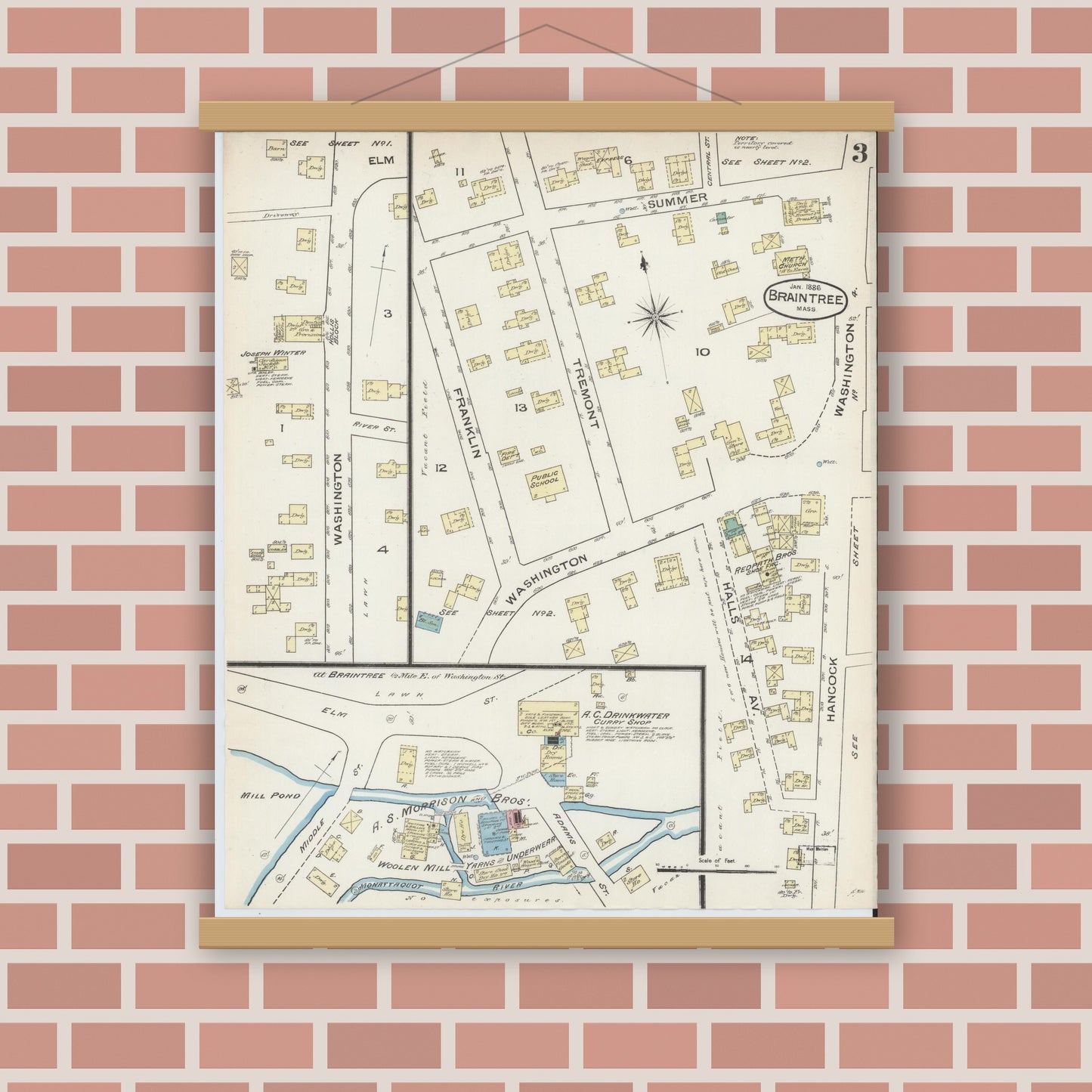 Old map wall art mockup — magnetic wood frame on brick wall — Sanborn Fire Insurance Map from Braintree, Norfolk County, Massachusetts (1886), Sheet #0003
