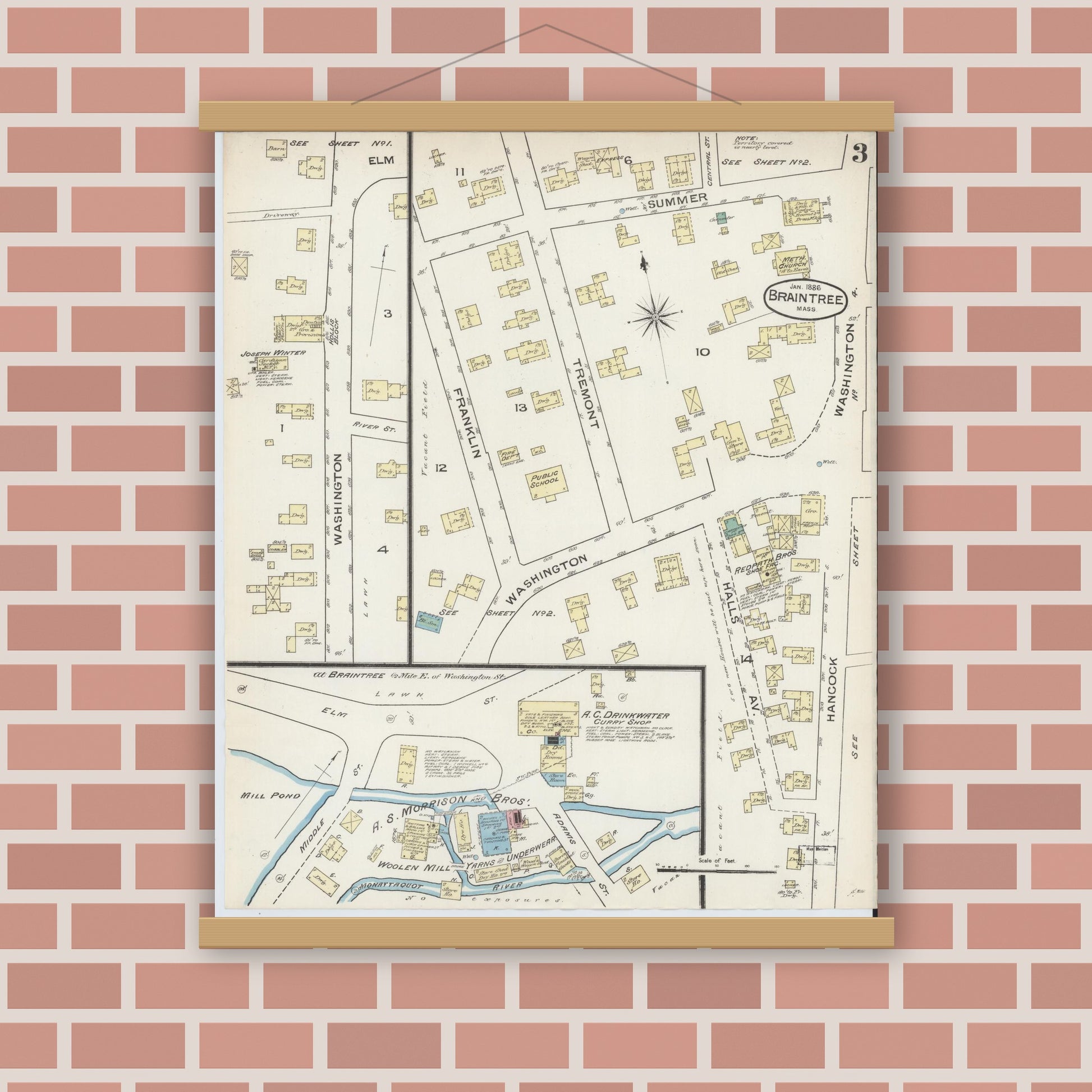 Old map wall art mockup — magnetic wood frame on brick wall — Sanborn Fire Insurance Map from Braintree, Norfolk County, Massachusetts (1886), Sheet #0003