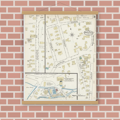 Old map wall art mockup — magnetic wood frame on brick wall — Sanborn Fire Insurance Map from Braintree, Norfolk County, Massachusetts (1886), Sheet #0003