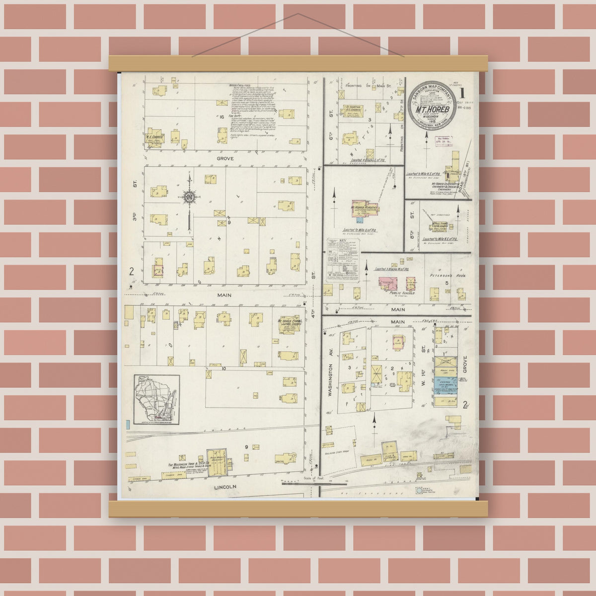 Old map wall art mockup — magnetic wood frame on brick wall — Sanborn Fire Insurance Map from Mount Horeb, Dane County, Wisconsin (1915) - Complete Map Set