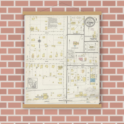 Old map wall art mockup — magnetic wood frame on brick wall — Sanborn Fire Insurance Map from Mount Horeb, Dane County, Wisconsin (1915) - Complete Map Set