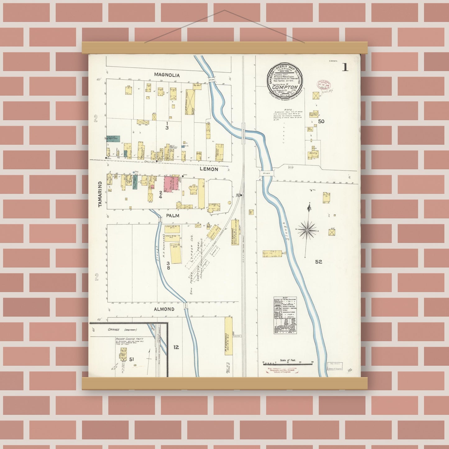 Old map wall art mockup — magnetic wood frame on brick wall — Sanborn Fire Insurance Map from Compton, Los Angeles County, California (1895), Sheet #0001