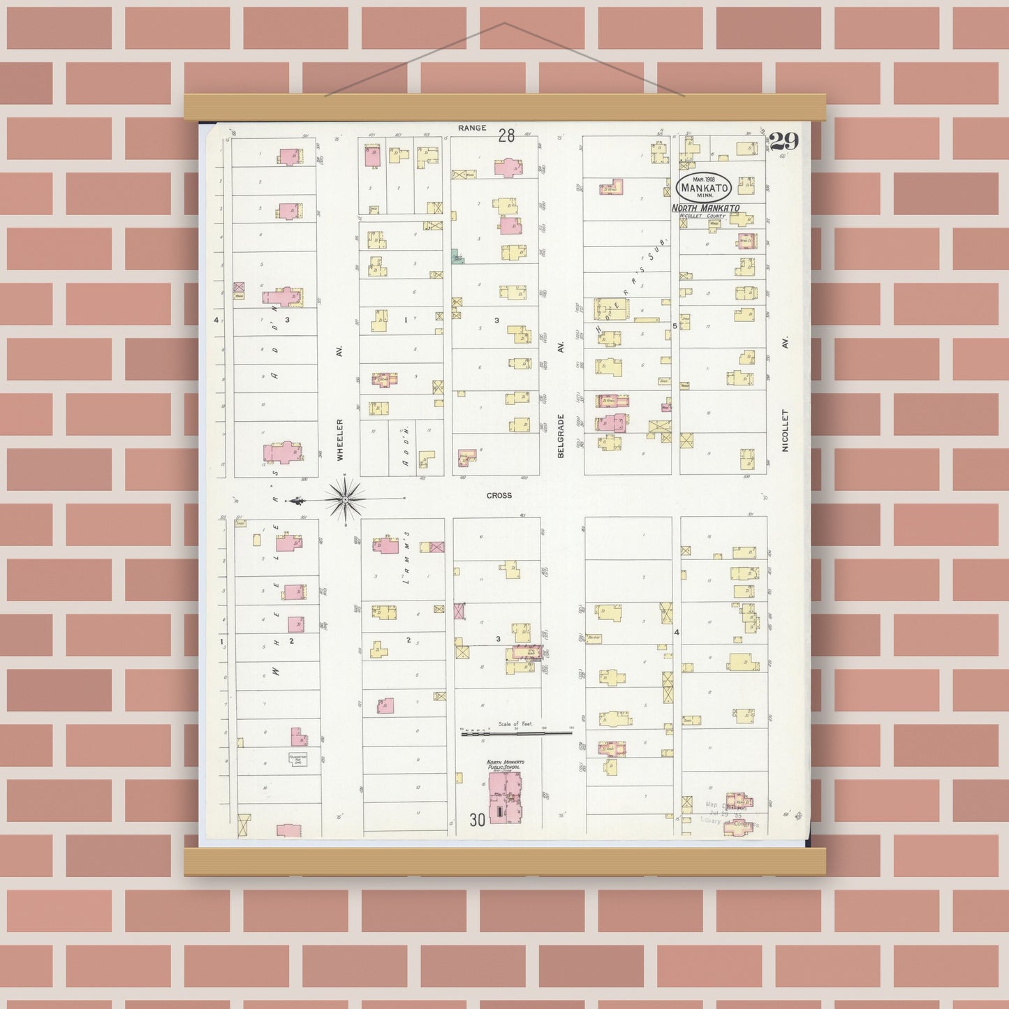 Old map wall art mockup — magnetic wood frame on brick wall — Sanborn Fire Insurance Map from Mankato, Blue Earth County, Minnesota (1908), Sheet #0029