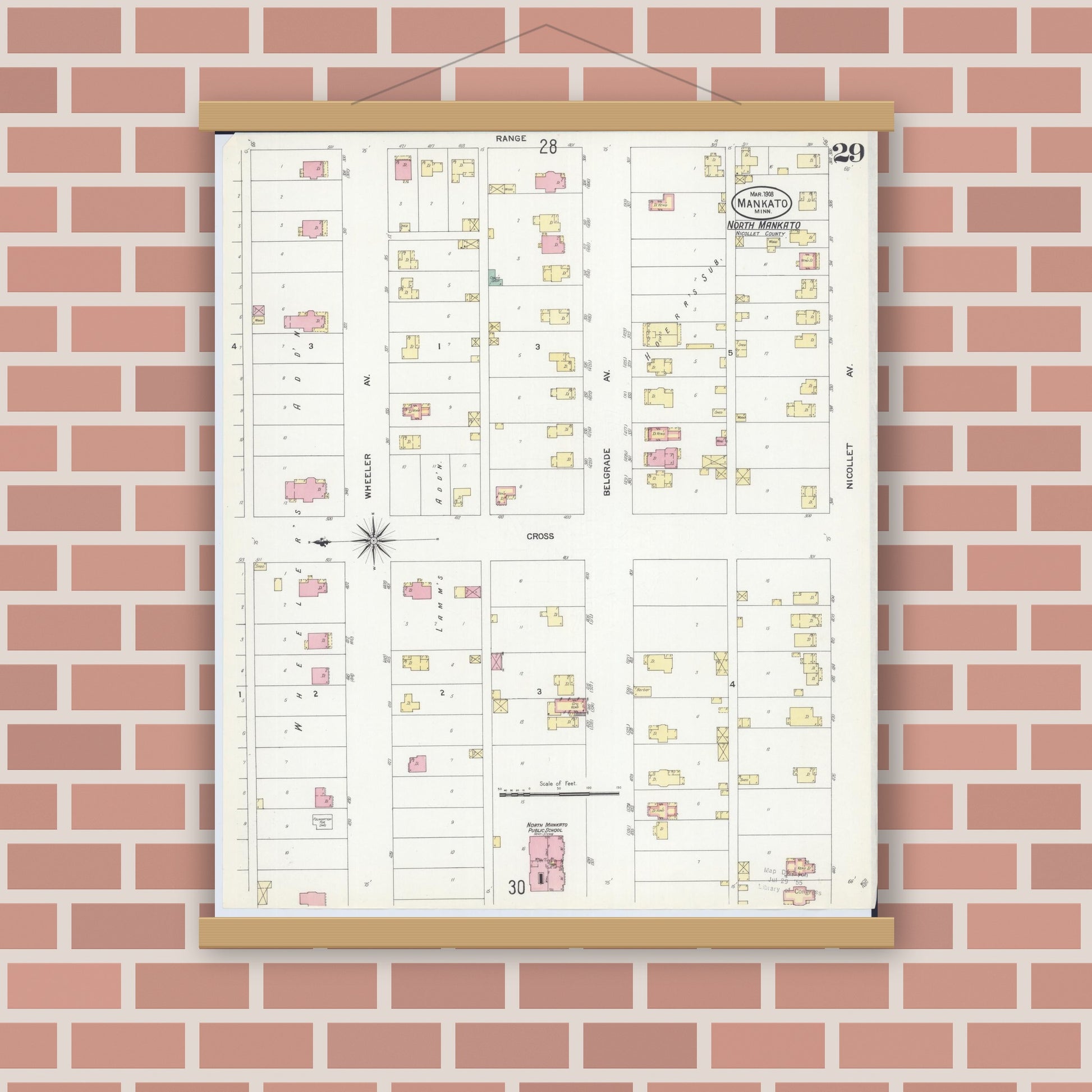 Old map wall art mockup — magnetic wood frame on brick wall — Sanborn Fire Insurance Map from Mankato, Blue Earth County, Minnesota (1908), Sheet #0029