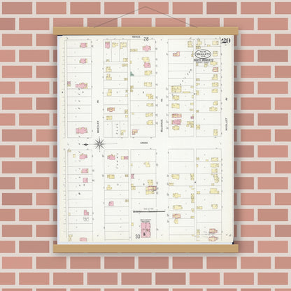Old map wall art mockup — magnetic wood frame on brick wall — Sanborn Fire Insurance Map from Mankato, Blue Earth County, Minnesota (1908), Sheet #0029