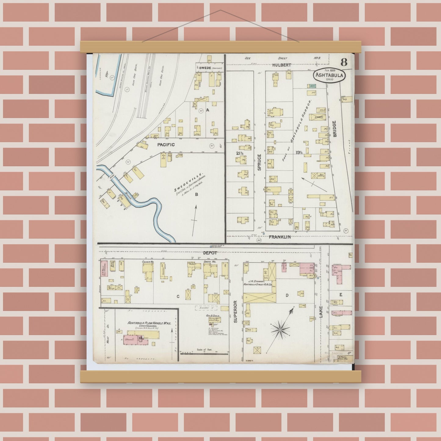 Old map wall art mockup — magnetic wood frame on brick wall — Sanborn Fire Insurance Map from Ashtabula, Ashtabula County, Ohio (1889), Sheet #0008