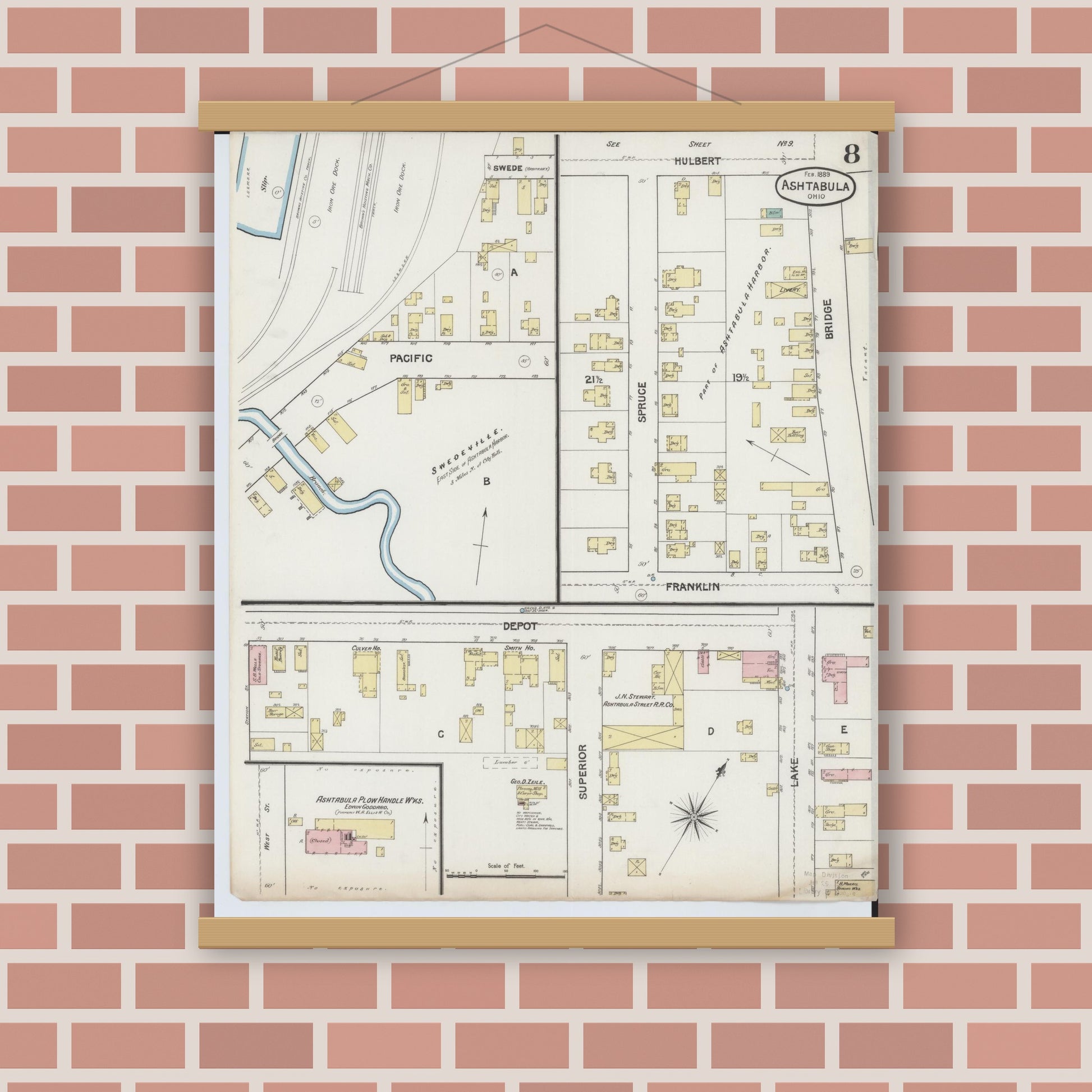 Old map wall art mockup — magnetic wood frame on brick wall — Sanborn Fire Insurance Map from Ashtabula, Ashtabula County, Ohio (1889), Sheet #0008