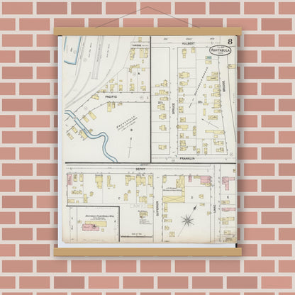 Old map wall art mockup — magnetic wood frame on brick wall — Sanborn Fire Insurance Map from Ashtabula, Ashtabula County, Ohio (1889), Sheet #0008