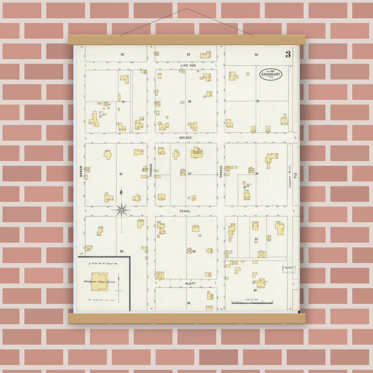 Old map wall art mockup — magnetic wood frame on brick wall — Sanborn Fire Insurance Map from Granbury, Hood County, Texas (1898), Sheet #0003