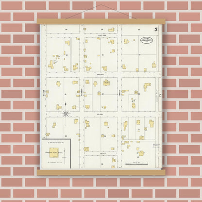 Old map wall art mockup — magnetic wood frame on brick wall — Sanborn Fire Insurance Map from Granbury, Hood County, Texas (1898), Sheet #0003