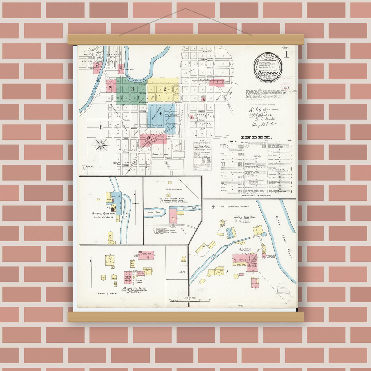Old map wall art mockup — magnetic wood frame on brick wall — Sanborn Fire Insurance Map from Decorah, Winneshiek County, Iowa (1894) â€” Complete Set