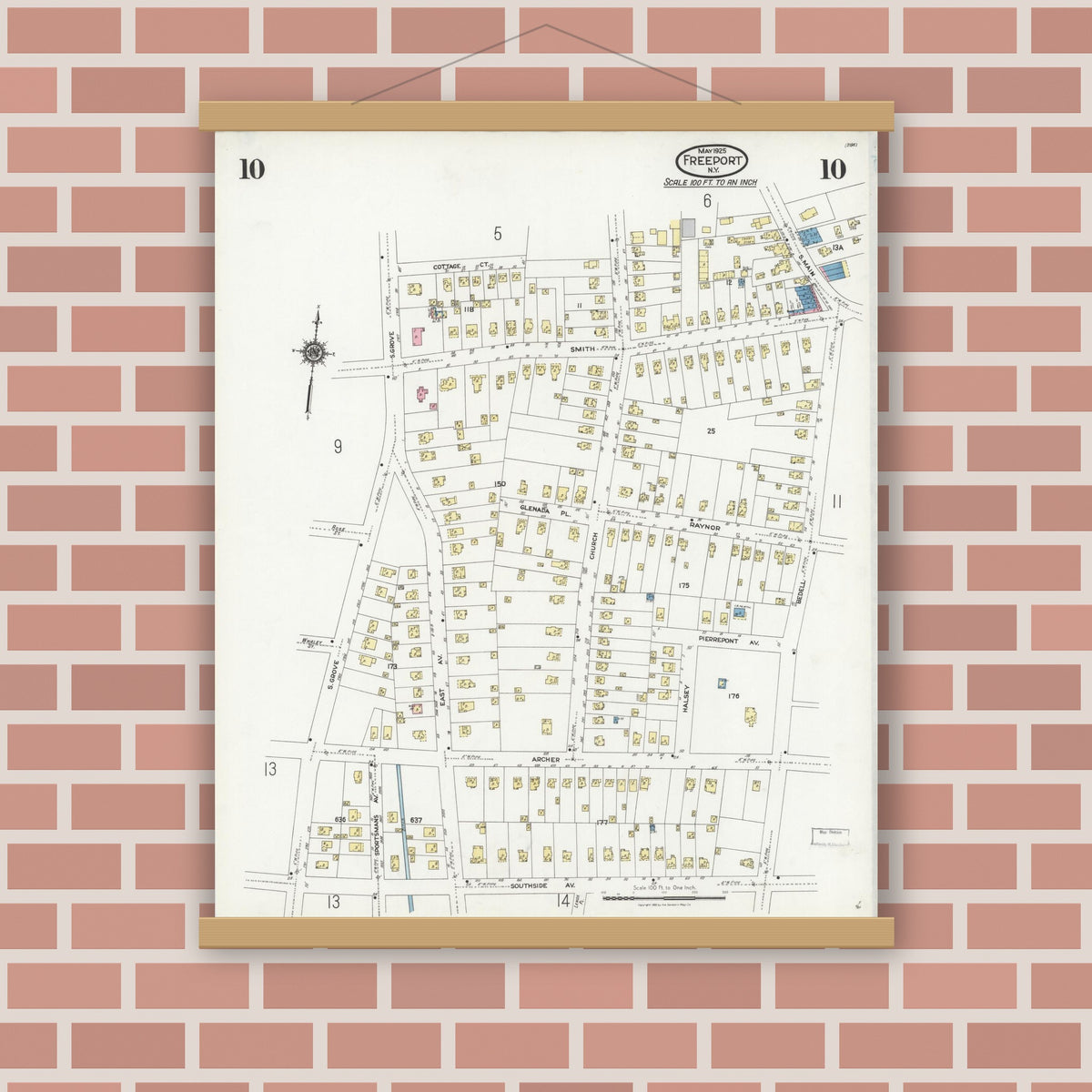 Old map wall art mockup — magnetic wood frame on brick wall — Sanborn Fire Insurance Map from Freeport, Nassau County, New York (1925), Sheet #0010