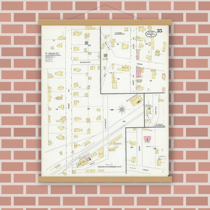 Old map wall art mockup — magnetic wood frame on brick wall — Sanborn Fire Insurance Map from Hornell, Steuben County, New York (1909), Sheet #0035