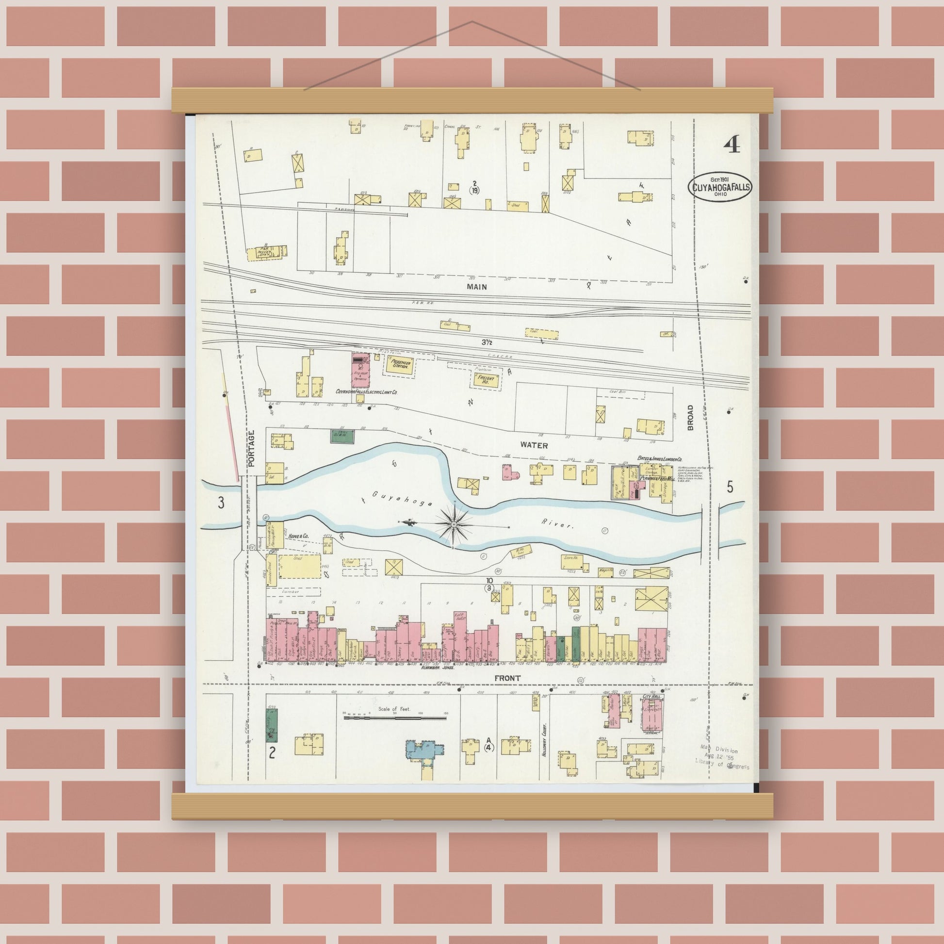 Old map wall art mockup — magnetic wood frame on brick wall — Sanborn Fire Insurance Map from Cuyahoga Falls, Summit County, Ohio (1901), Sheet #0004